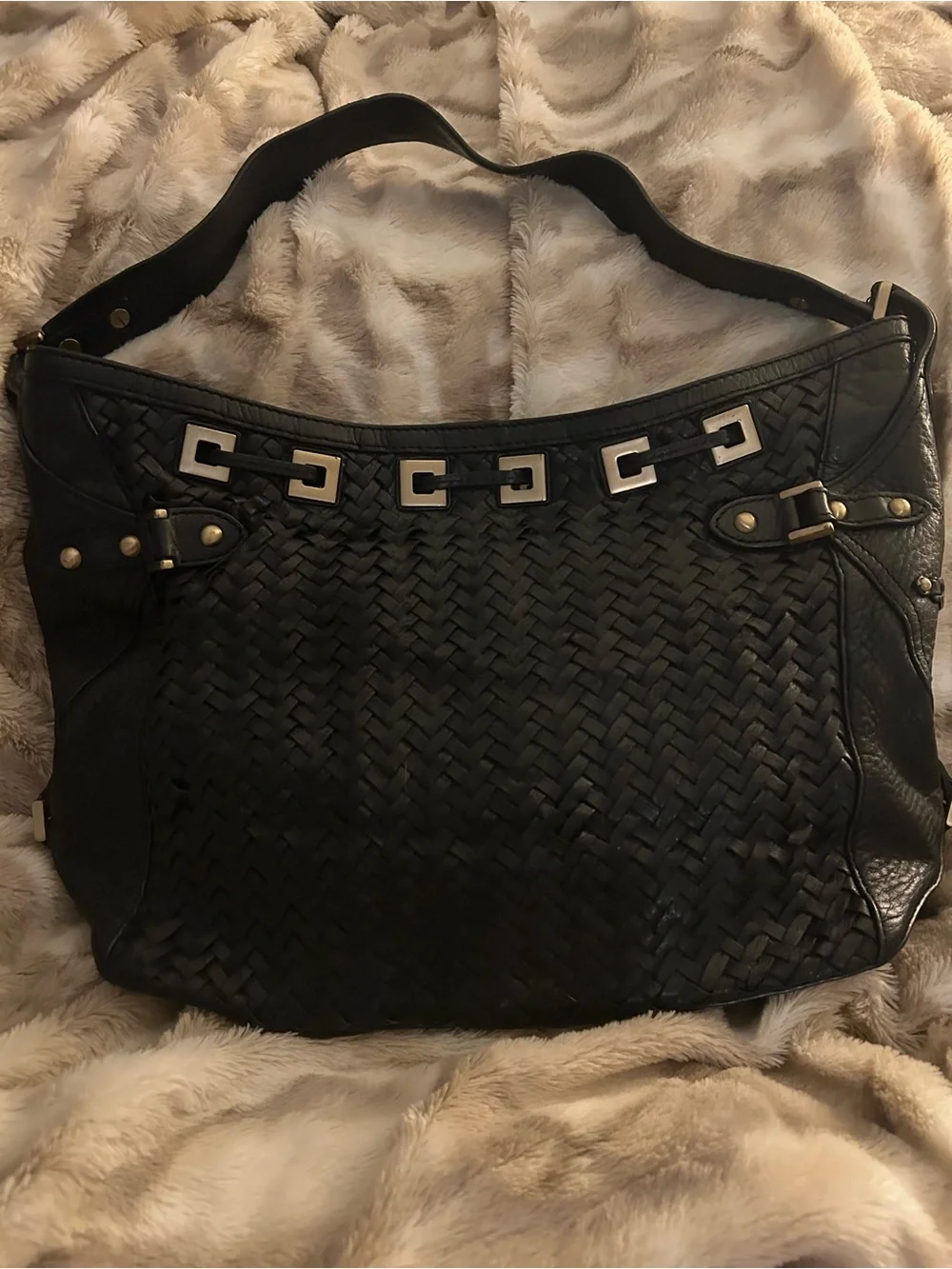 Cole Haan Black Woven Leather Large Hobo with Gold Accents